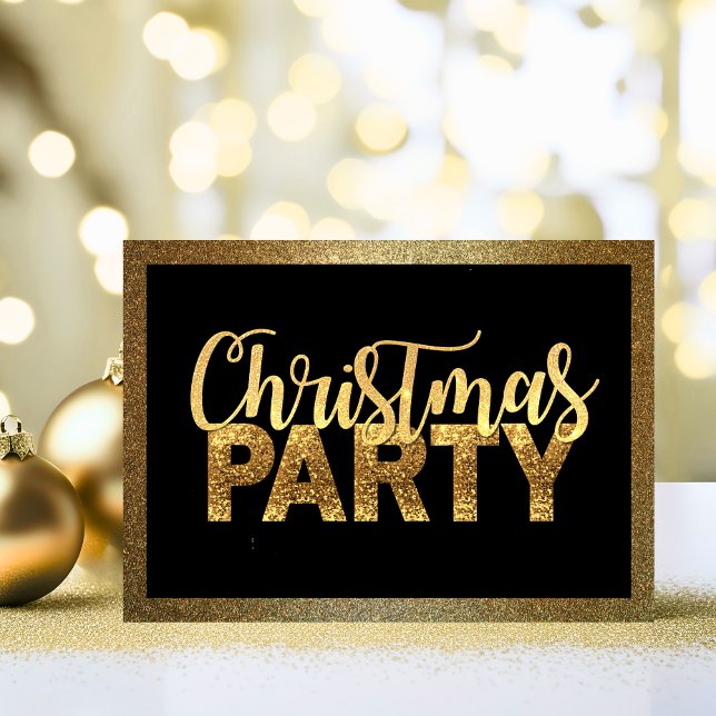 Invitación Navidades modernos FIESTA Purpurina de oro negro (Modern CHRISTMAS PARTY Black Gold Glitter Invitation)