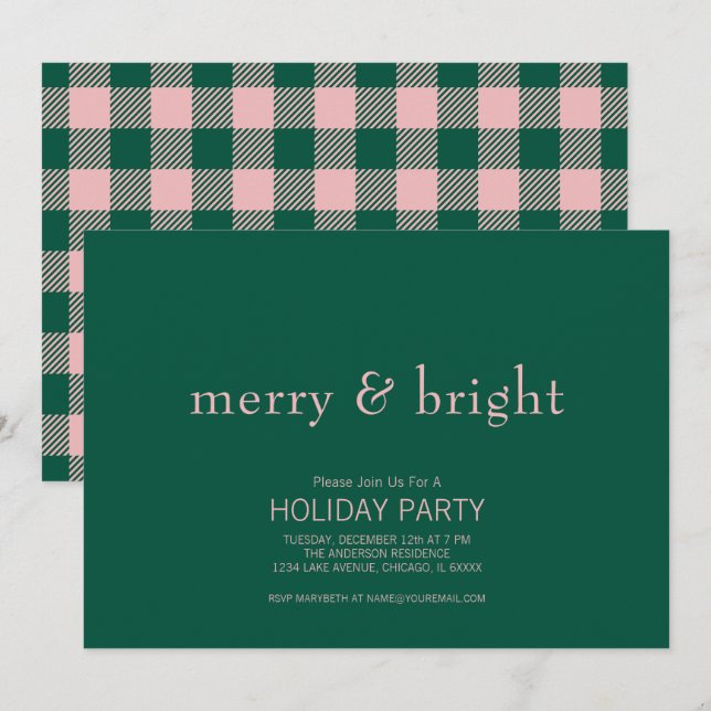 Invitación Navidades modernos merry y brillantes verdes y ros (Anverso / Reverso)