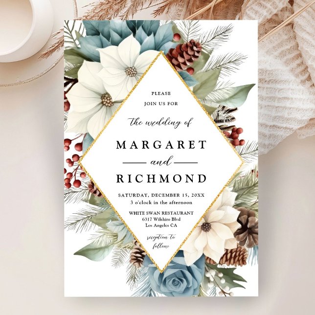Invitación Navidades modernos y elegantes de flores azules en (Subido por el creador)
