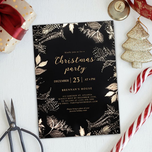 Invitación Navidades modernos y elegantes Fiesta Black Gold F (Modern Elegant Christmas Party Black Gold Festive Invitation)