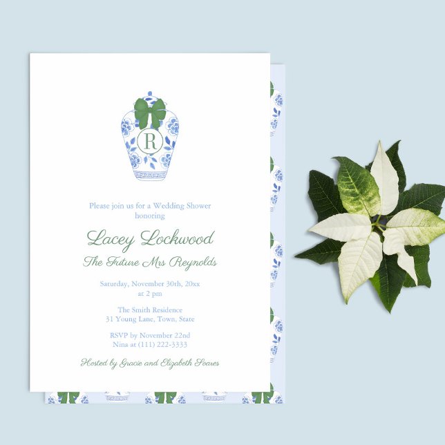Invitación Navidades Monograma Futuro Sra. Wedding Shower (Blue And White Ginger Jar With Green Bow Future Mrs Holidays  Bridal Shower Party Invitation)