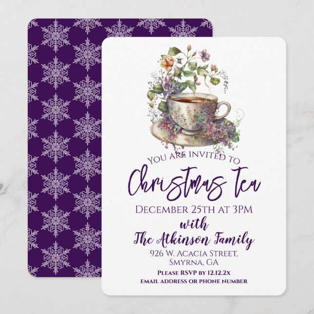 Invitación Navidades morados florales Fiesta del té (Anverso / Reverso)