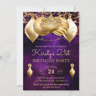 Invitación Navidades morados y dorados baubles cumpleaños núm