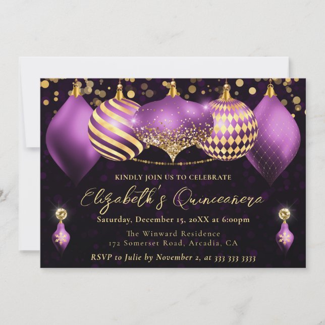 Invitación Navidades morados y dorados baubles Quinceanera (Anverso)
