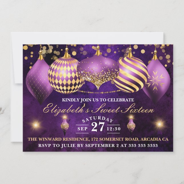 Invitación Navidades morados y dorados Baubles Sweet 16 (Anverso)