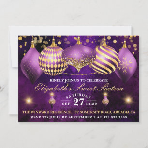 Invitación Navidades morados y dorados Baubles Sweet 16