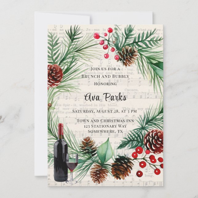 Invitación Navidades Música Berry Rojo Brunch y Bubbly (Anverso)