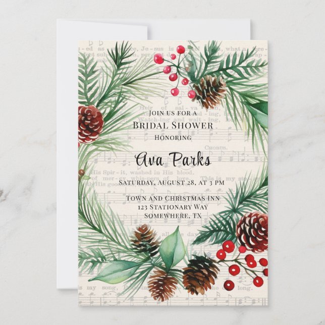 Invitación Navidades Música Red Berry Wreath Bridal Shower (Anverso)