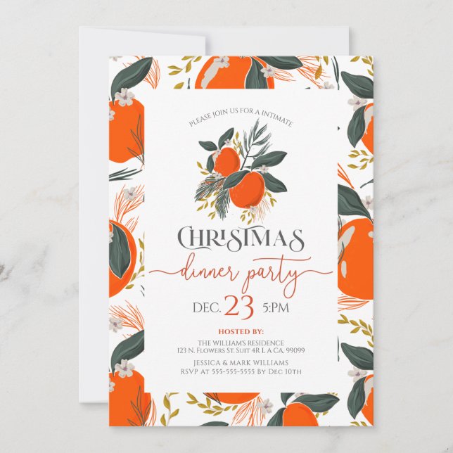 Invitación Navidades naranjas y fiesta de patrones de flores  (Anverso)