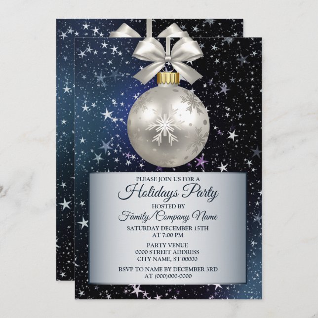 Invitación Navidades Navy Blue Ornament Luminosas Estrellas (Anverso / Reverso)