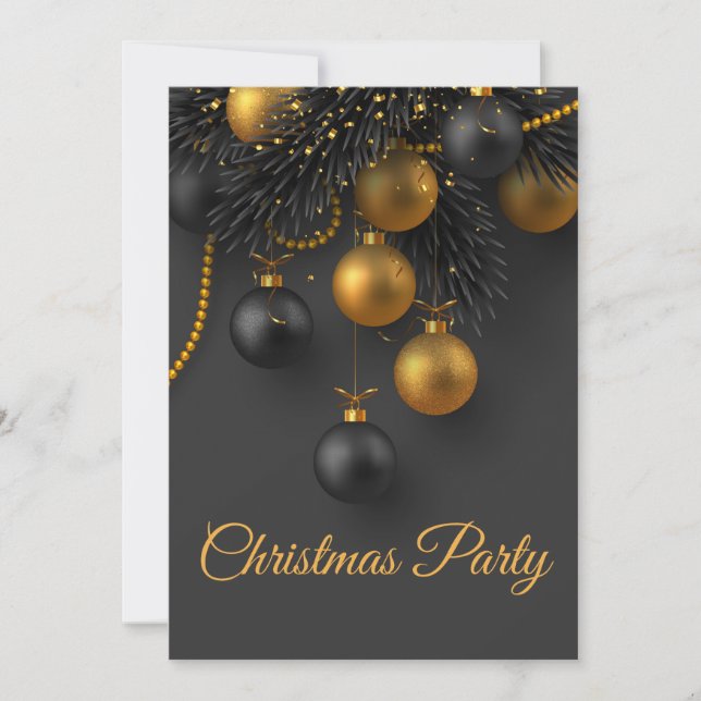 Invitación Navidades negros y dorados bolas elegante vacacion (Anverso)