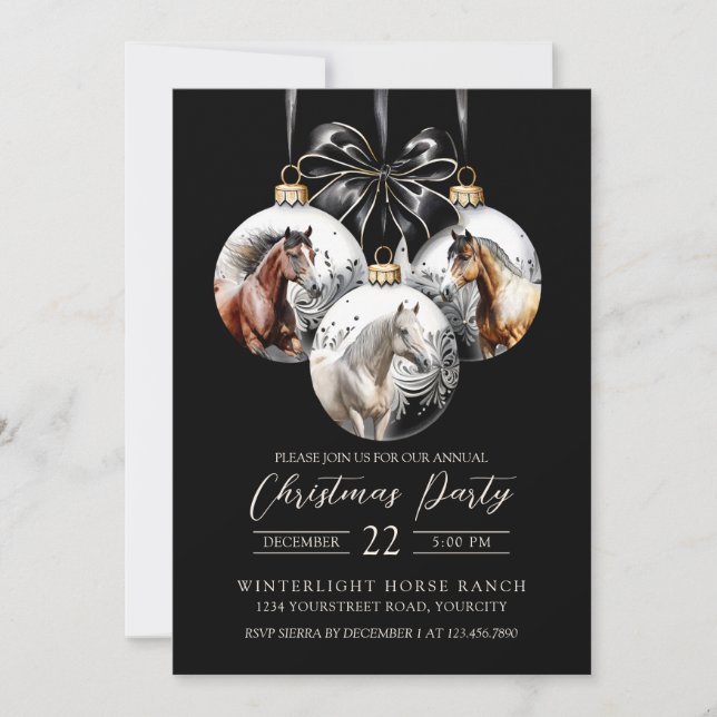 Invitación Navidades negros y dorados de caballos (Anverso)