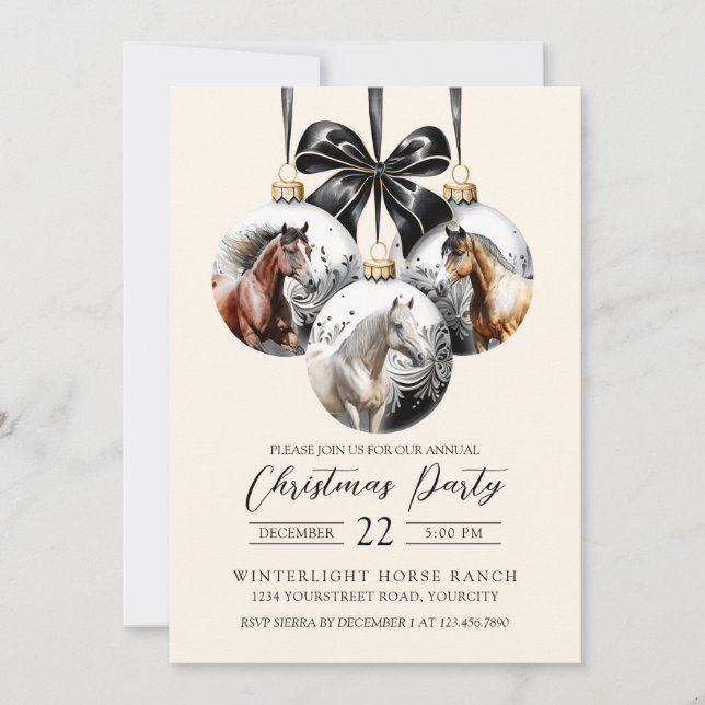 Invitación Navidades negros y dorados de caballos (Anverso)
