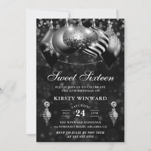Invitación Navidades negros y plateados baubles dulces Diecis