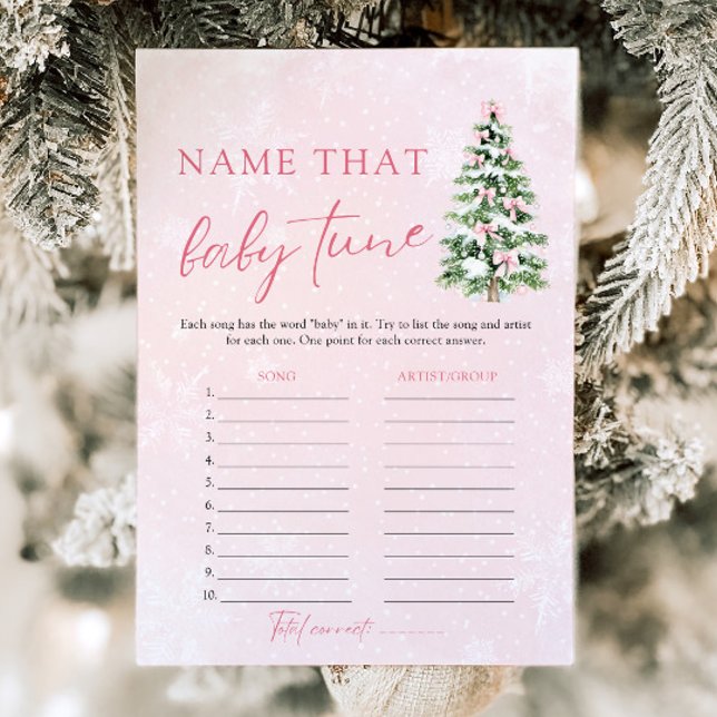 Invitación Navidades nombran a ese bebé sintonizar juego de B (Pink Bows Christmas Name That Baby Tune Baby Shower Game)