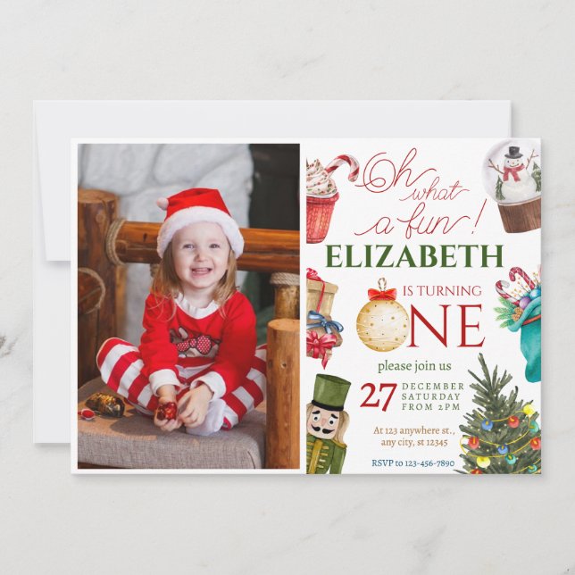 Invitación Navidades Oh Qué Divertido Primer Cumpleaños (Anverso)