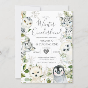 Invitación Navidades Onederland Arctic Animals Boy 1.ᵉʳ Nacim
