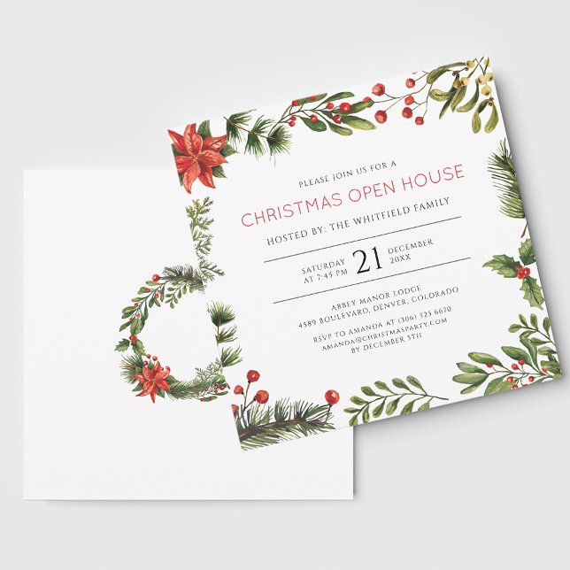 Invitación Navidades Open House Watercolor Berries Holiday (Christmas Open House Watercolor Berries Holiday Invitation)