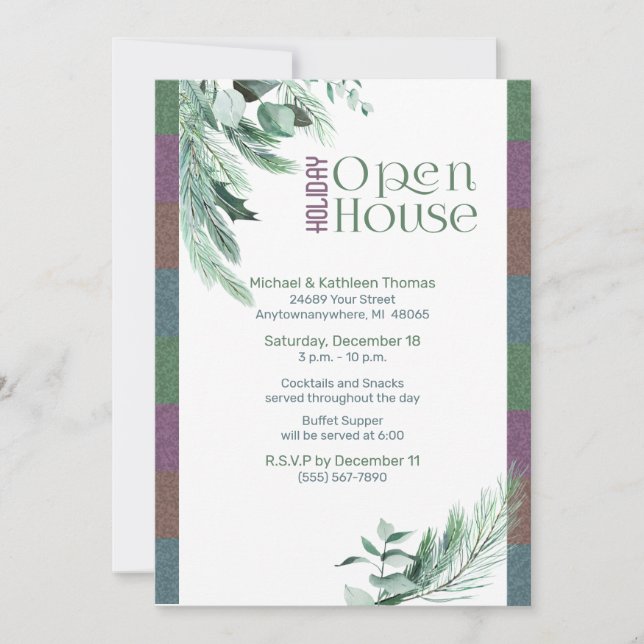 Invitación Navidades Open House Watercolor Foliage Moderno (Anverso)