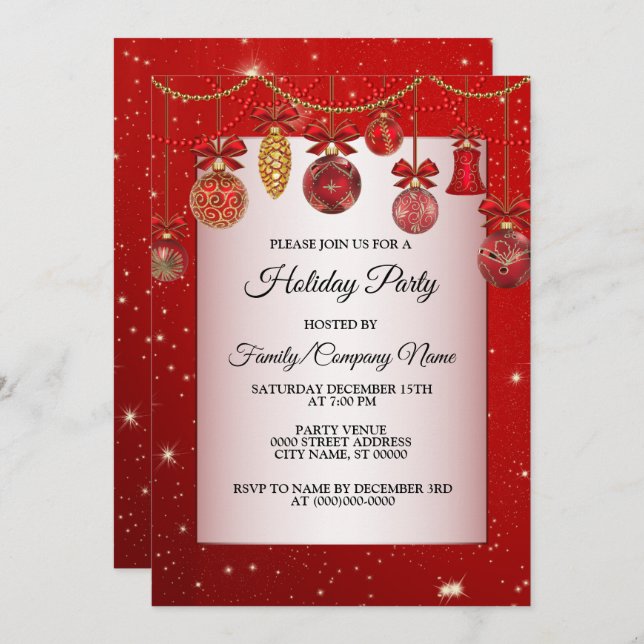 Invitación Navidades Ornamentos Rojos Vacaciones Sparkle Eleg (Anverso / Reverso)
