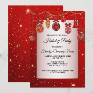 Invitación Navidades Ornamentos Rojos Vacaciones Sparkle Eleg