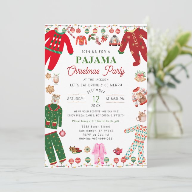 Invitación Navidades Pajama Fiesta acuarela moderna (Anverso de pie)