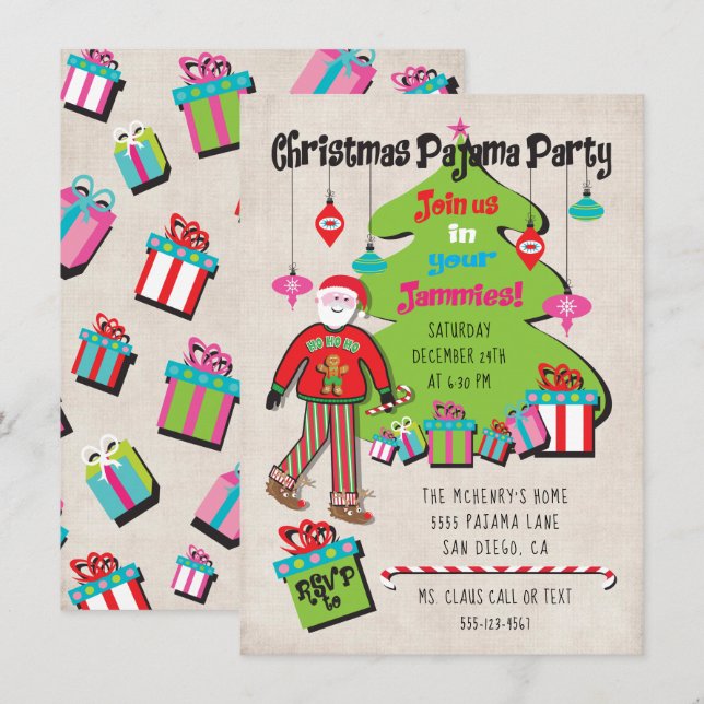 Invitación Navidades Pajama Fiesta con Santa y regalos (Anverso / Reverso)