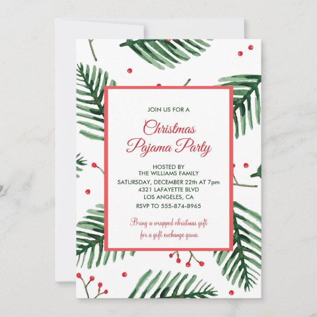 Invitación Navidades Pajama Fiesta Slumber Elegant Evergreen (Anverso)