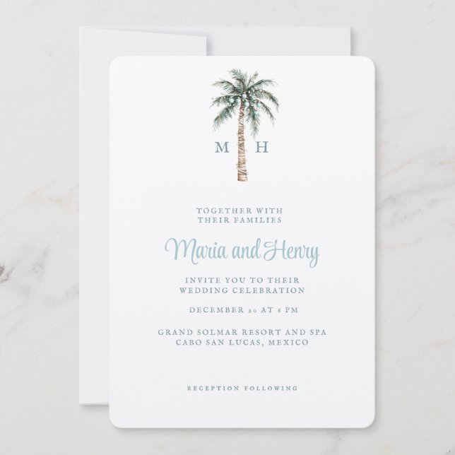 Invitación Navidades Palm Tree | Monograma de boda de playa (Anverso)