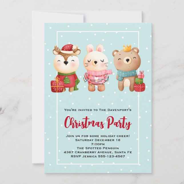 Invitación Navidades Pals - Fiesta de oso y conejo de renos (Anverso)