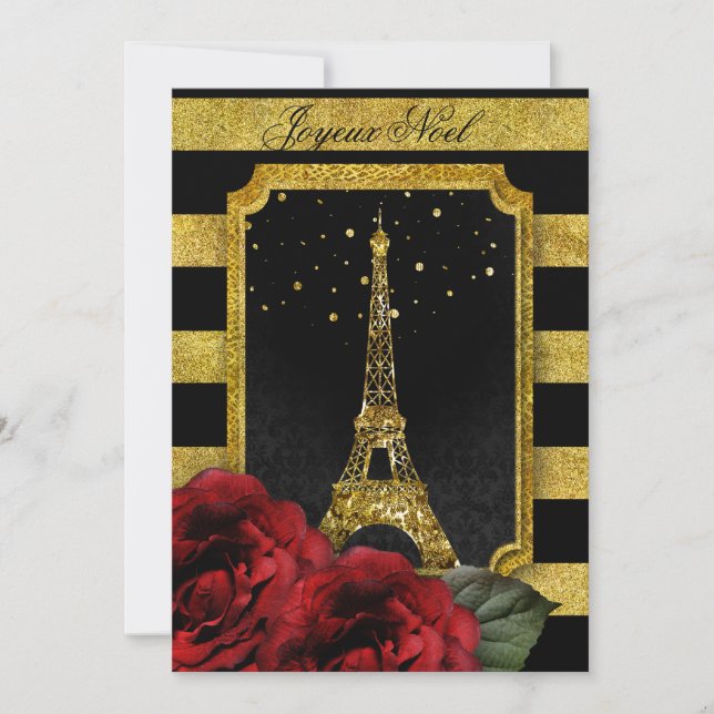 Invitación Navidades Paris Rosa Eiffel Tower Gold Stripe (Anverso)