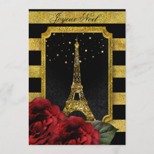 Invitación Navidades Paris Rosa Eiffel Tower Gold Stripe