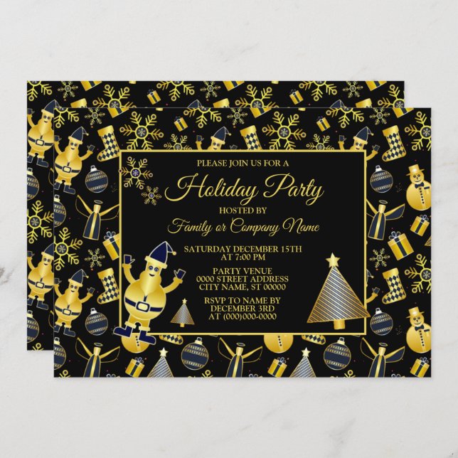 Invitación Navidades Patrón de regalo de oro Santa Snowman (Anverso / Reverso)