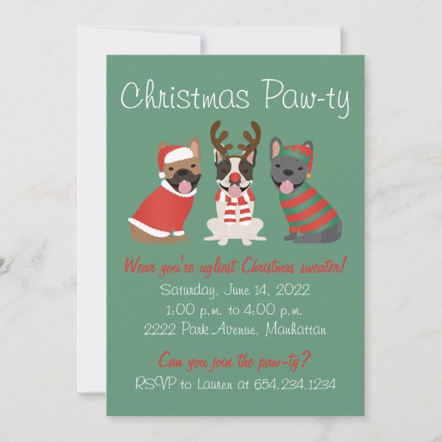 Invitación Navidades Pawty Bulldoges franceses (Anverso)