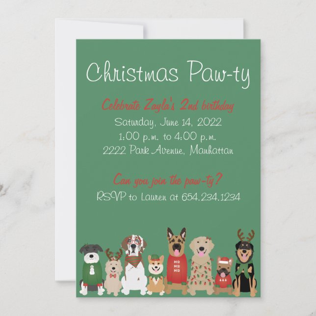 Invitación Navidades Pawty Dog Holiday Red Green (Anverso)