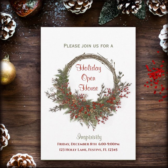 Invitación Navidades Personalizados de Holiday Wreath Open Ho (Christmas Open House great for Business Holiday parties and get together.  Artwork by Inspirivity. )
