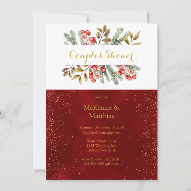Invitación Navidades Pine Berrie Burgundy Gold Couples Ducha (Anverso)