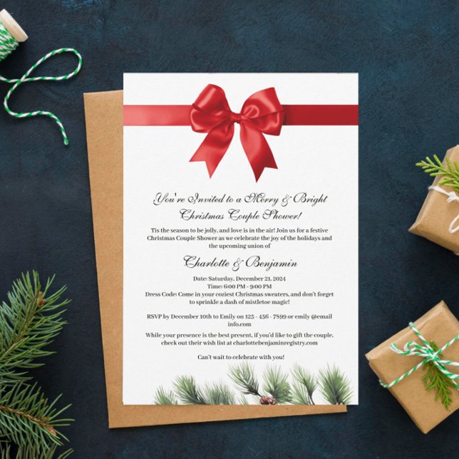 Invitación Navidades Pine Cone Red Ribbon Ducha Parejas (Subido por el creador)