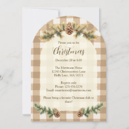 Invitación Navidades Pine Cones Branches Brown Gingham Arch