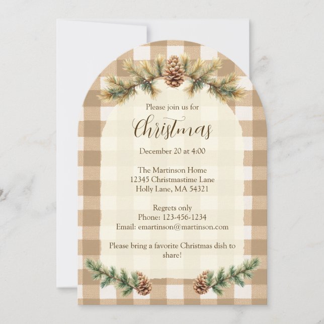 Invitación Navidades Pine Cones Branches Brown Gingham Arch (Anverso)