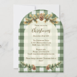 Invitación Navidades Pine Cones Rama Green Gingham Arch