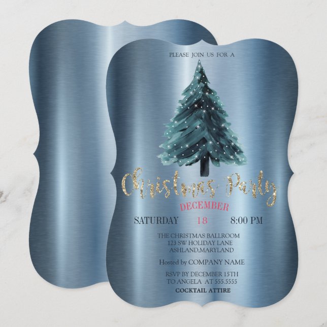 Invitación Navidades Pine Tree, Blue Metallic Company Fiesta (Anverso / Reverso)