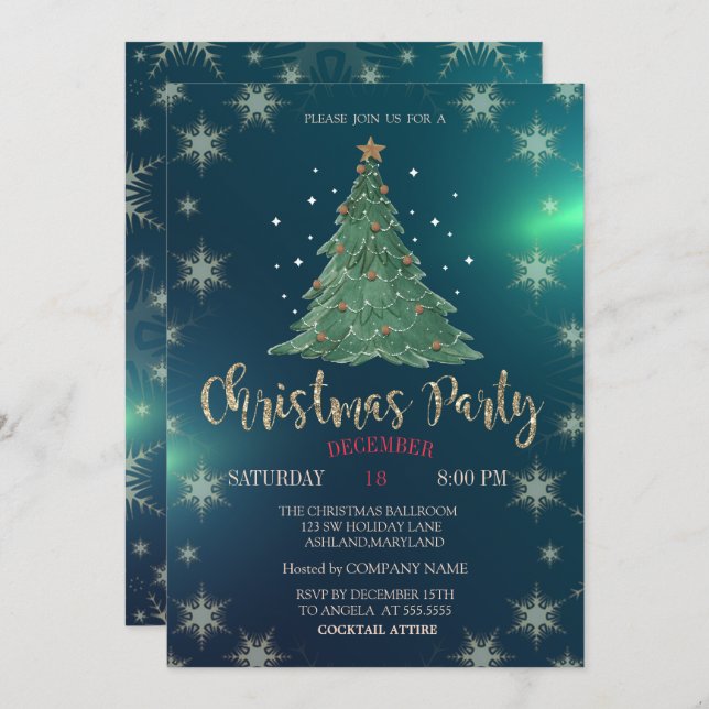 Invitación Navidades Pine Tree,Green Company Fiesta (Anverso / Reverso)