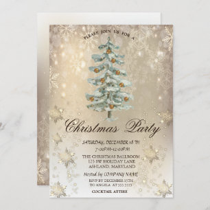 Invitación Navidades Pine Tree Snowflakes Gold Fiesta