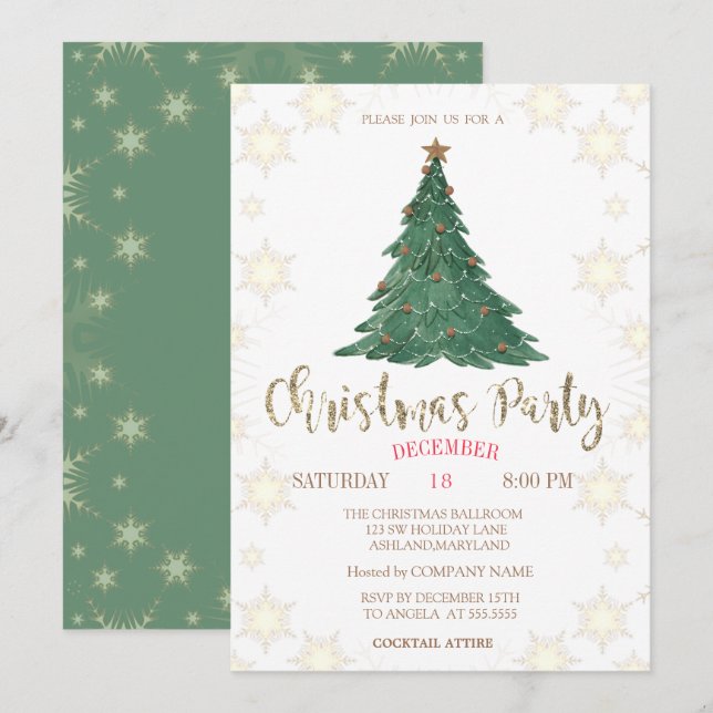 Invitación Navidades Pine Tree, Snowflakes Green Company (Anverso / Reverso)