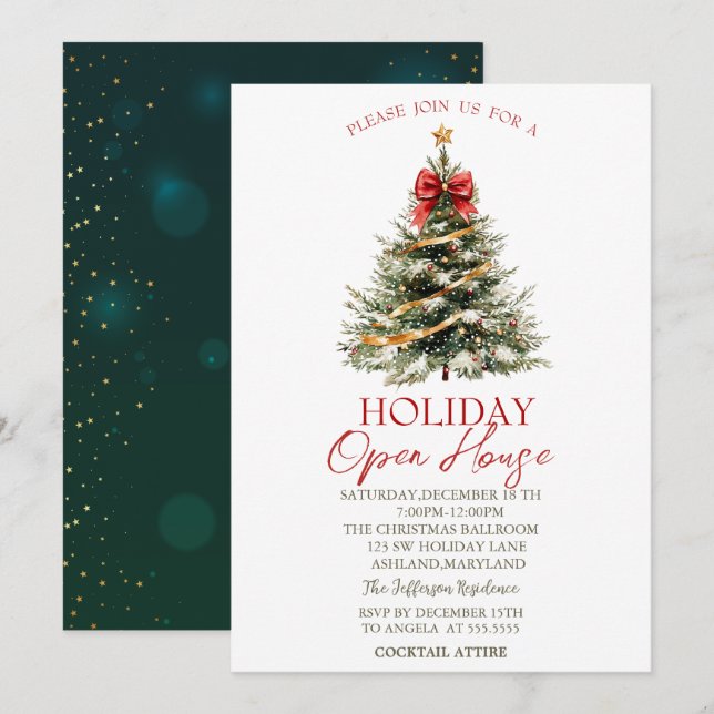 Invitación Navidades Pine Tree Stars Green Holiday Open House (Anverso / Reverso)