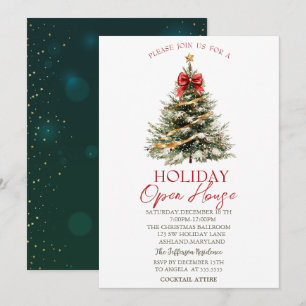 Invitación Navidades Pine Tree Stars Green Holiday Open House