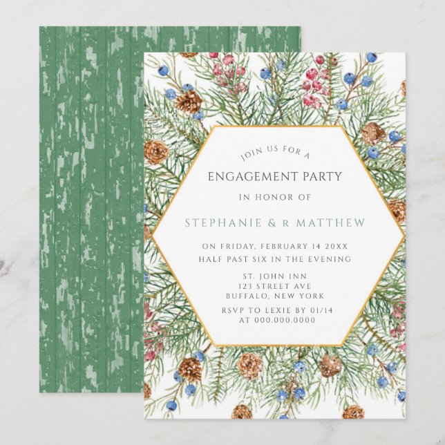 Invitación Navidades Pine Wreath Gold Engagement Party (Anverso / Reverso)