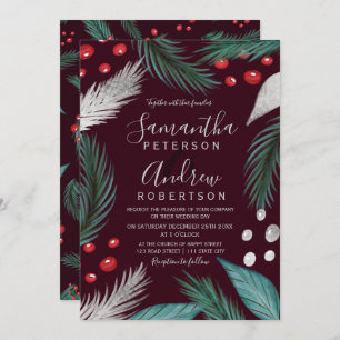 Invitación Navidades pino mistletoe boda burdeos plata
