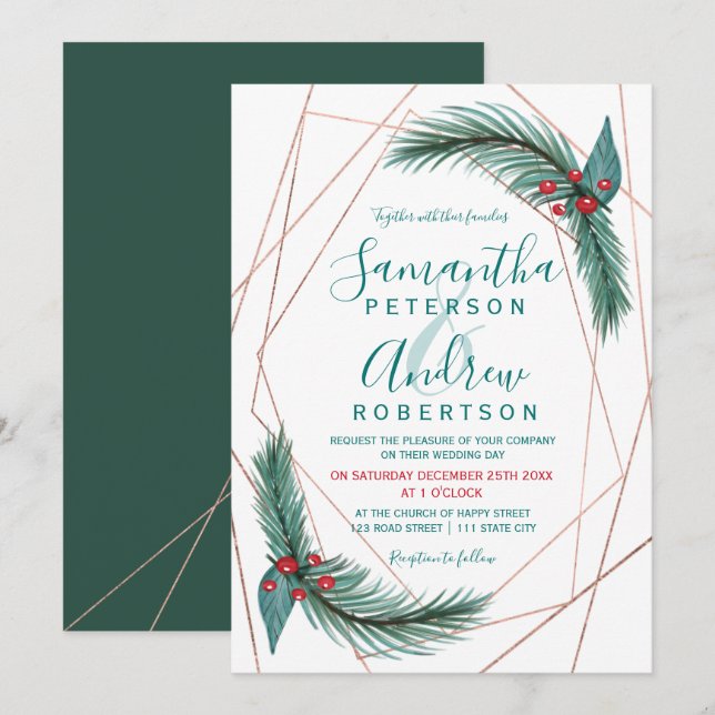 Invitación Navidades pino mistletomarco rosa boda de oro (Anverso / Reverso)